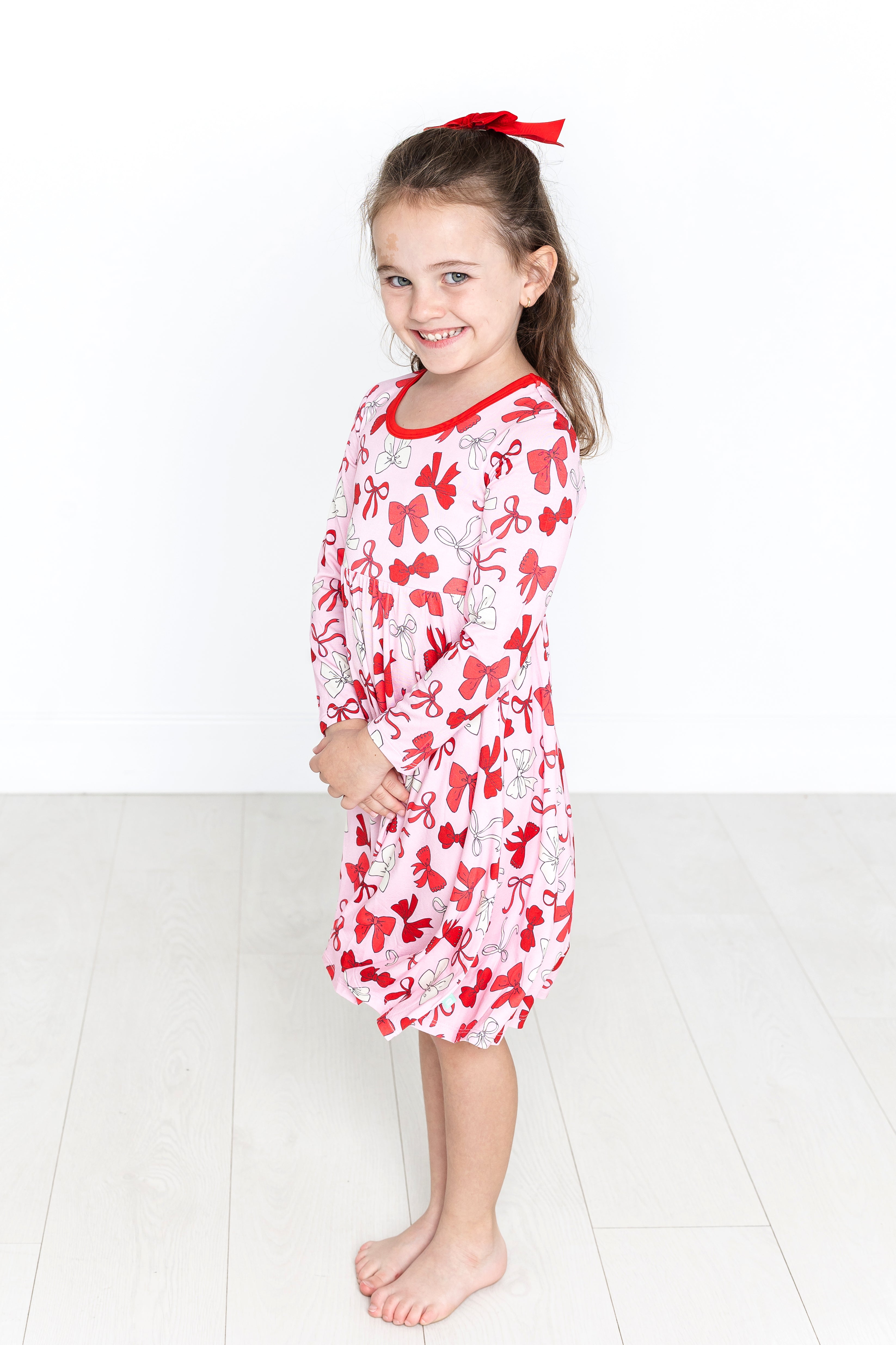 Red Bows Long Sleeve Twirl Dress