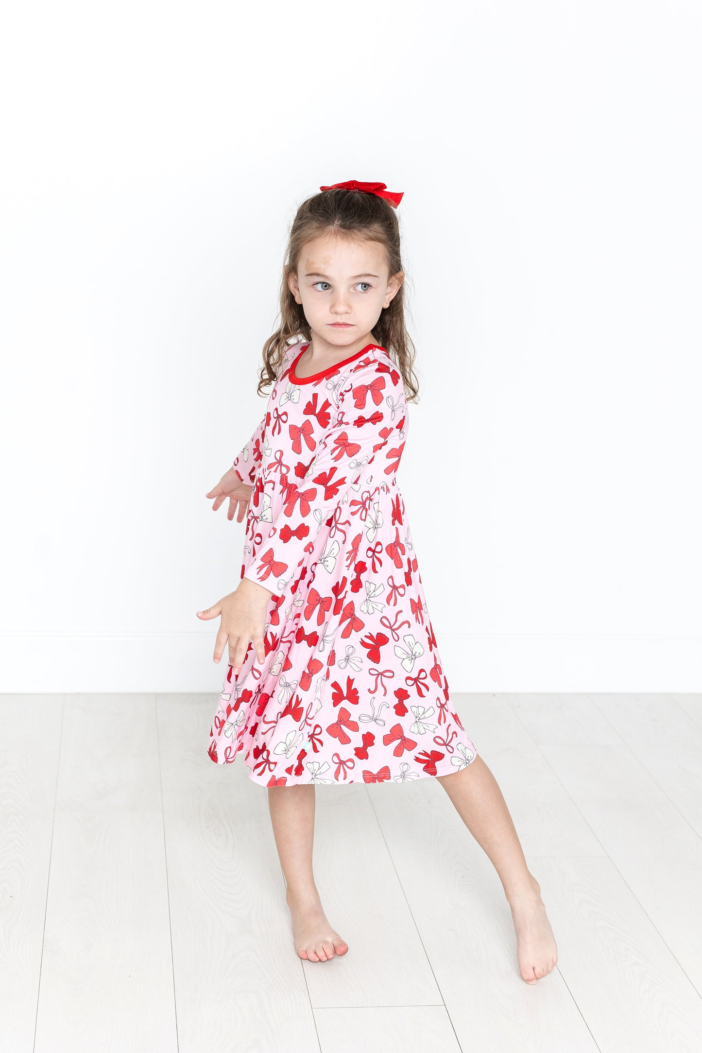 Red Bows Long Sleeve Twirl Dress