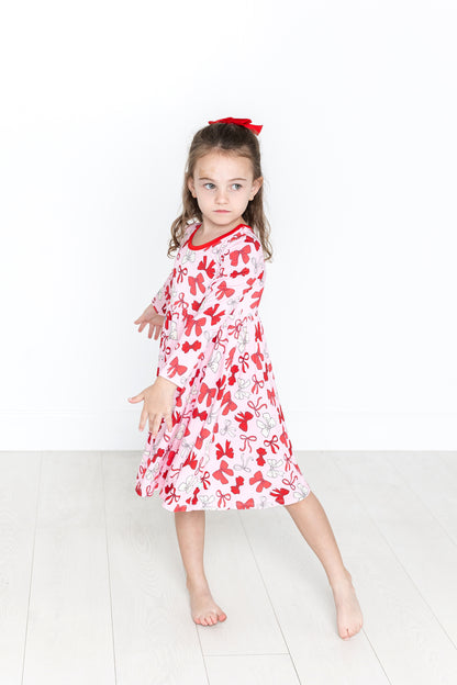 Red Bows Long Sleeve Twirl Dress
