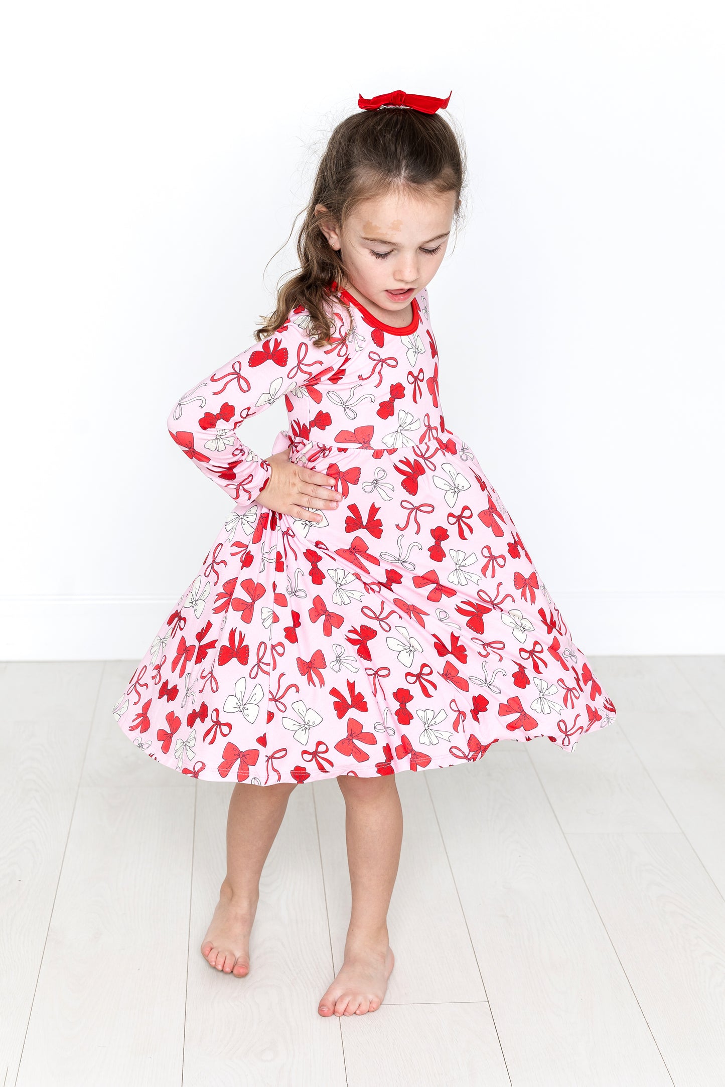 Red Bows Long Sleeve Twirl Dress