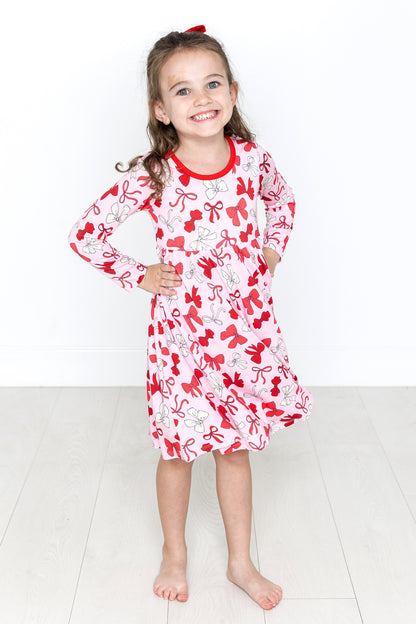 Red Bows Long Sleeve Twirl Dress
