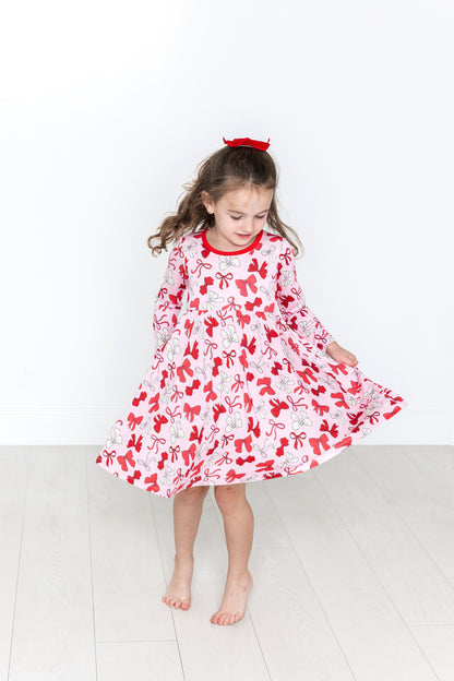 Red Bows Long Sleeve Twirl Dress